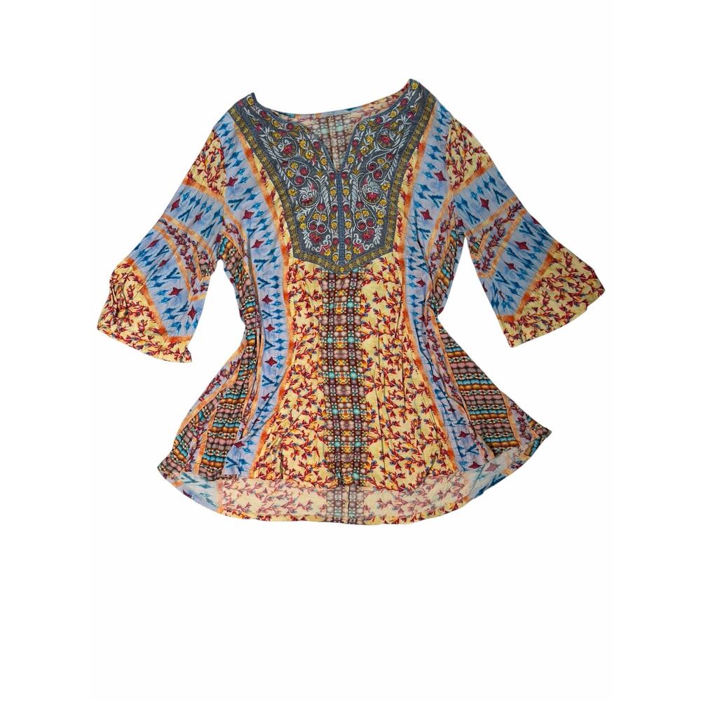 Soft Surroundings Fifi Bell Sleeve Tunic Top Floral Embroidered Yellow XLarge